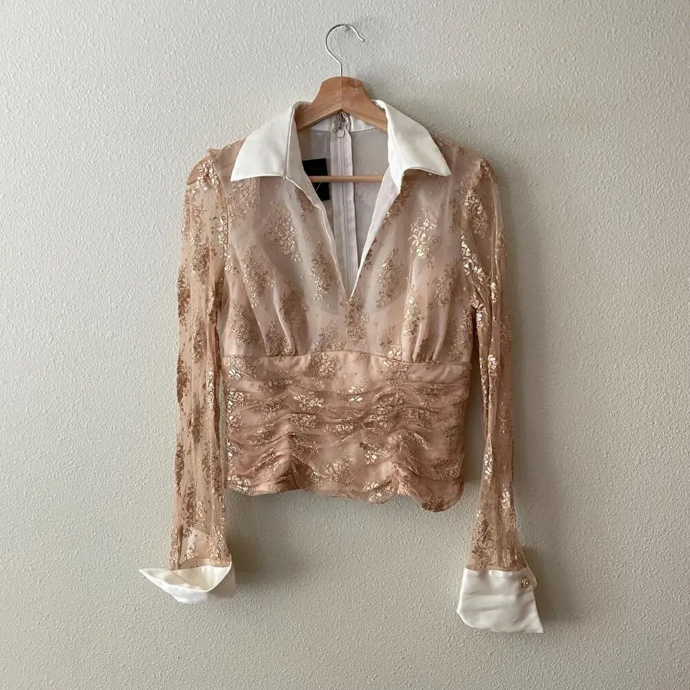 90s vintage gold lace sheer long sleeve collared top glam it girl - Picture 5 of 9